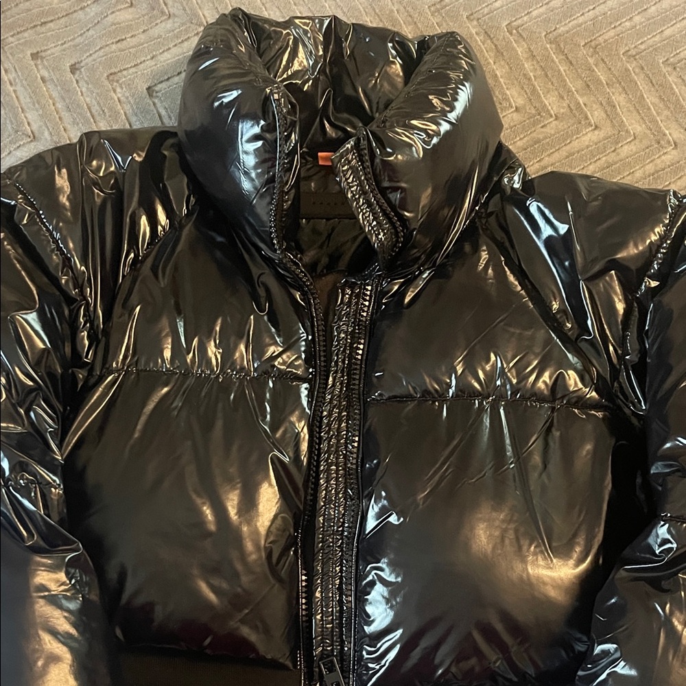 Blank NYC Shiny Black Cropped Puffer Coat